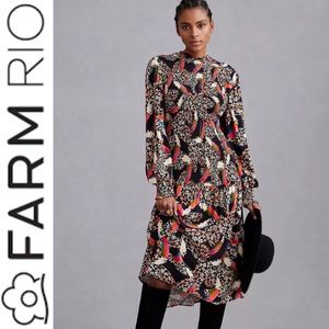 Farm Rio  Leopard Toucans Puff-Sleeve Mock-Neck Midi Dress Size L